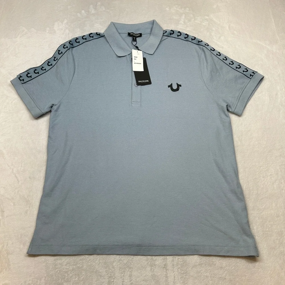 True Religion Polo Shirt‎ Mens Large Sky Blue Damask Logo Tape Trim $79 NEW